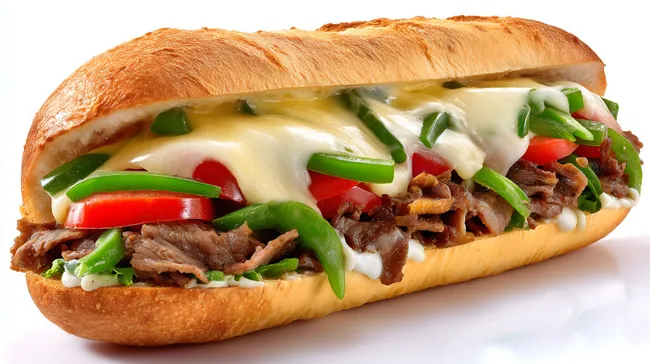 Köstlicher Philly Cheesesteak Sandwich mit Käse und Paprika