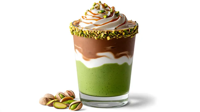 Köstlicher Pistazien-Latte mit Schokocreme und Karamell