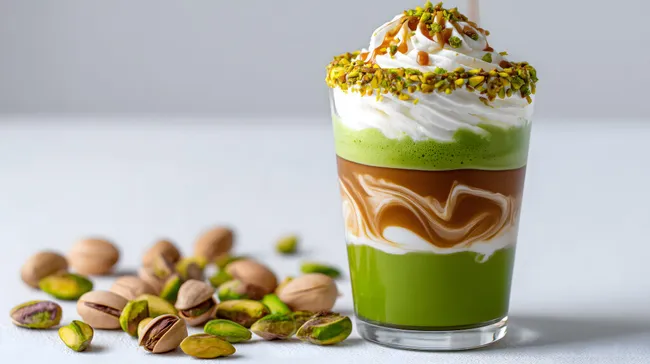 Köstlicher pistaziengrüner Latte mit Sahne und Karamell