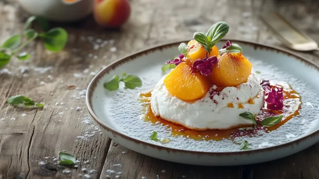 Köstlicher Ricotta-Dessert mit Pfirsichen und Kräutern