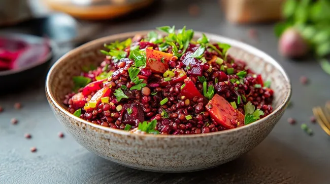 Köstlicher Roter-Linsen-Salat mit Rote-Bete-Stücken