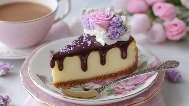 Köstlicher Schokoladen-Käsekuchen mit Zuckerguss und Rosenblüten