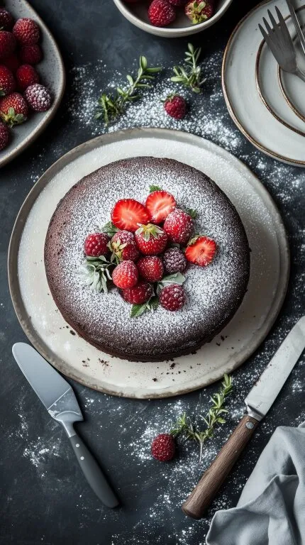 Köstlicher Schokoladenkuchen mit frischen Beeren dekoriert