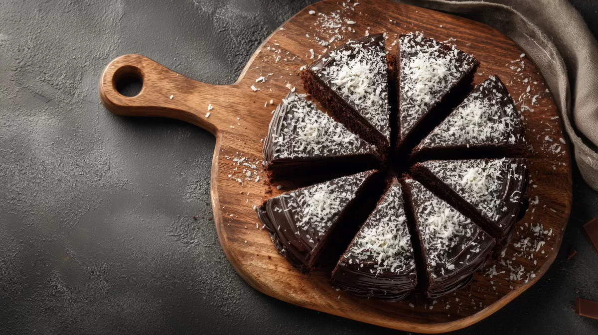 Köstlicher schokoladiger Kokoskuchen auf Holzbrett
