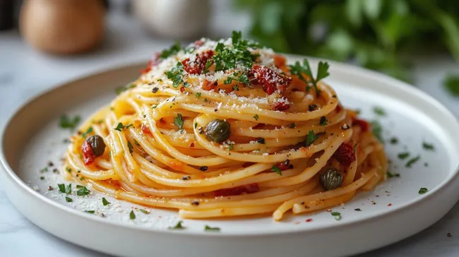 Köstlicher Spaghetti-Teller mit Kapern und Kräutern