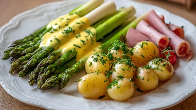Köstlicher Spargelsalat mit Schinken und Kräuterkartoffeln