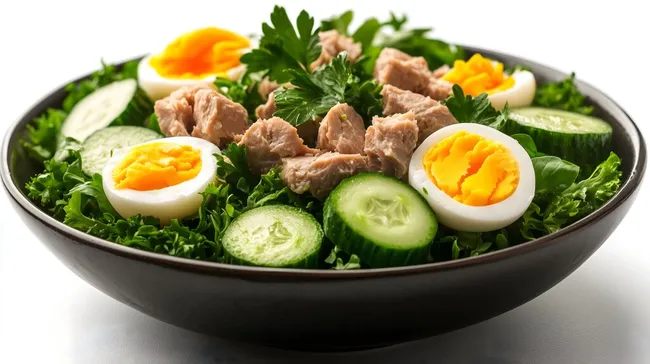 Köstlicher Thunfisch-Gurkensalat mit Ei in rustikaler Schale