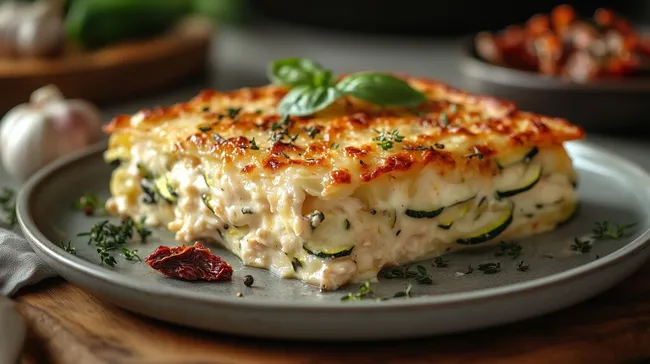 Köstlicher überbackener Zucchini-Hähnchenauflauf