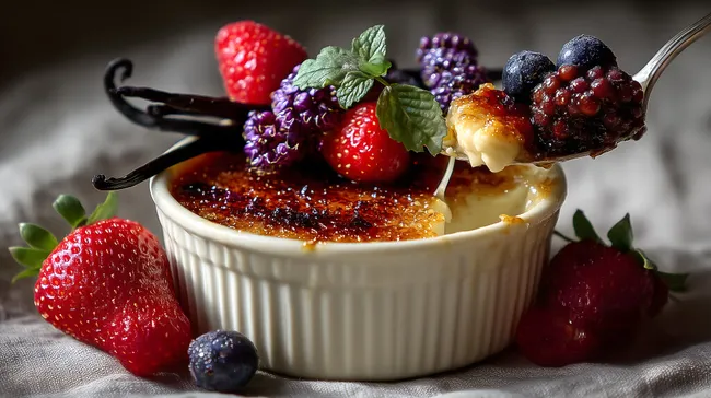 Köstlicher Vanille-Crème-Brulee mit frischen Beeren