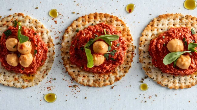 Köstlicher veganer Tomatendip auf knusprigen Lavosh-Crackern