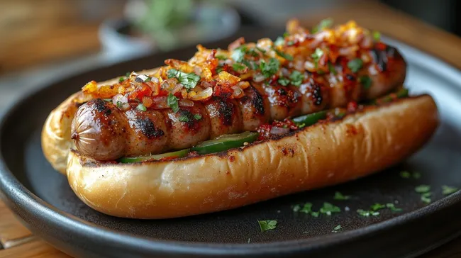 Köstlicher Wurst-Hotdog mit karamellisierten Zwiebeln