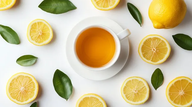 Köstlicher Zitronentee mit Zitronen und Blättern