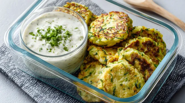 Köstlicher Zucchinipuffer mit Joghurtsoße