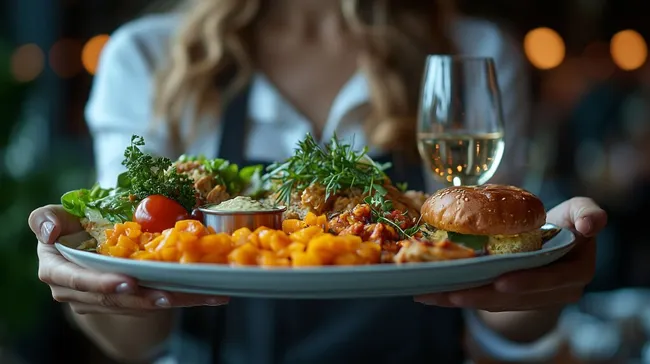 Köstliches Abendessen mit Salat, Burger und Weißwein