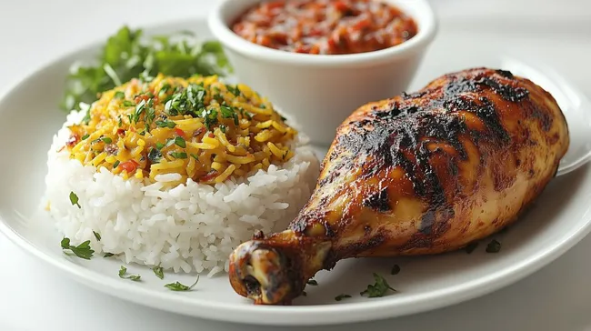 Köstliches asiatisches Gericht mit Hähnchenkeule und Reis