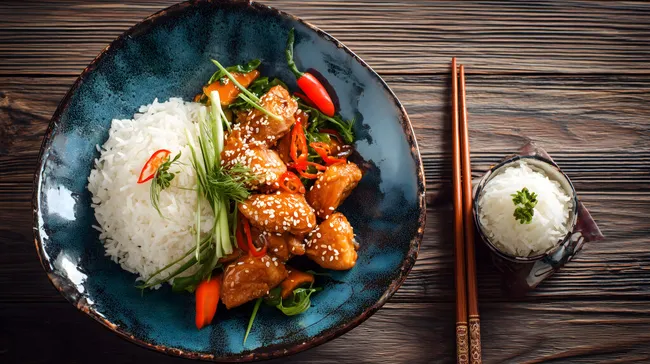 Köstliches asiatisches Hähnchengericht mit Reis