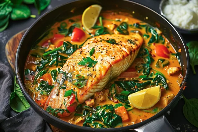 Köstliches asiatisches Lachsgericht mit Spinat