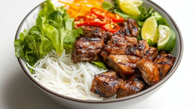 Köstliches asiatisches Nudelgericht mit gegrilltem Fleisch