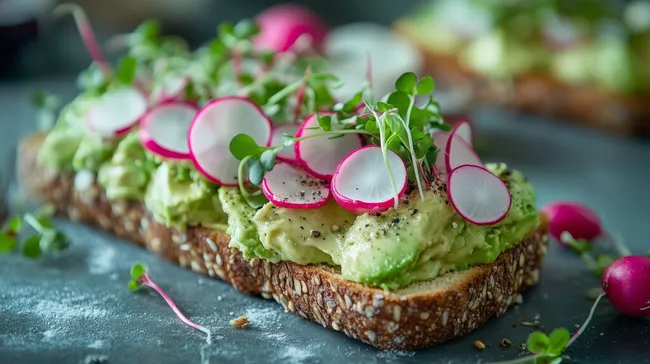 Köstliches Avocado-Toast mit Radieschen und Kräutern