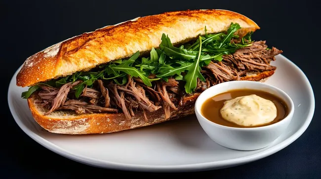 Köstliches Baguette mit Roastbeef und Rucola