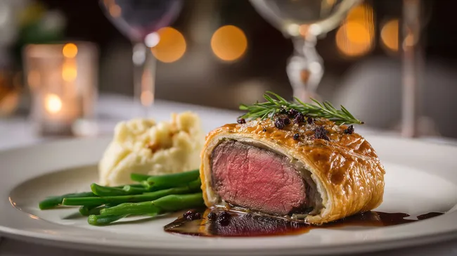 Köstliches Beef Wellington mit Kartoffelpüree und Bohnen