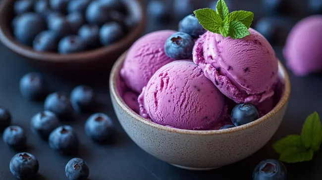 Köstliches Blaubeereis mit frischen Früchten