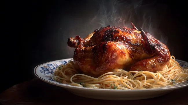 Köstliches Brathähnchen mit Spaghetti-Nest