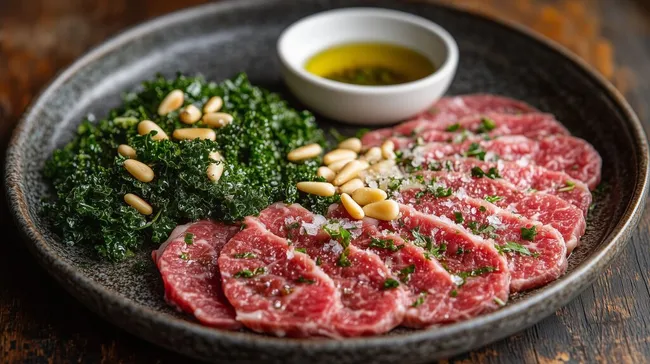 Köstliches Carpaccio vom Rind mit Grünkohl und Pinienkernen