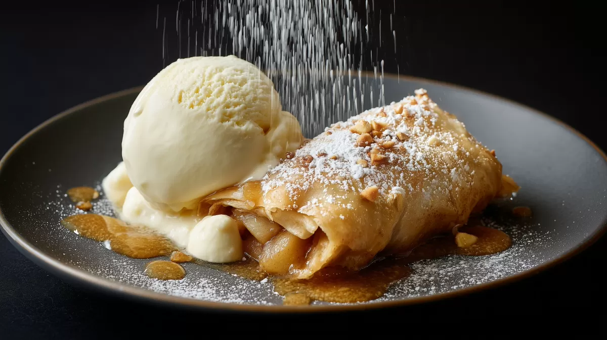 Köstliches Dessert mit Apfelstrudel und Vanilleeis