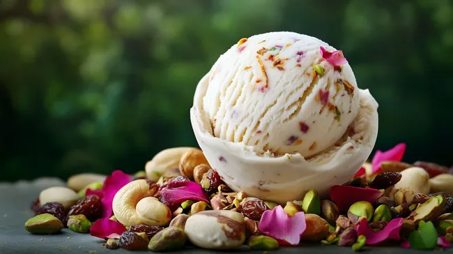 Köstliches Eis mit Nüssen und Rosenblüten