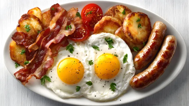 Köstliches englisches Frühstück mit Eiern, Würstchen und Bratkartoffeln