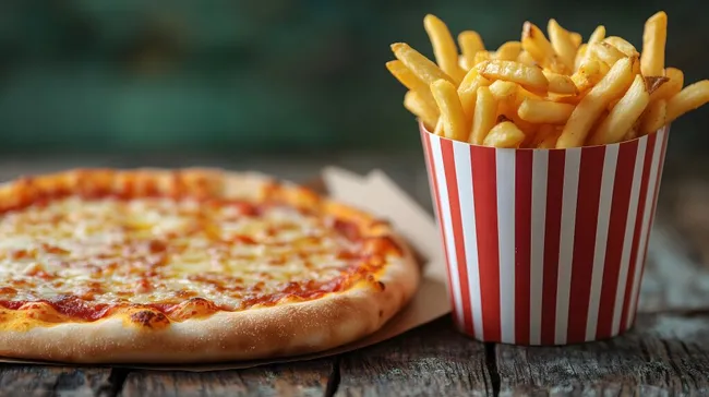 Köstliches Fast-Food-Gericht: Leckere Pizza und knusprige Pommes
