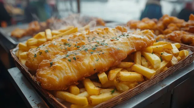 Köstliches Fischgericht mit Pommes an einem Essensstand