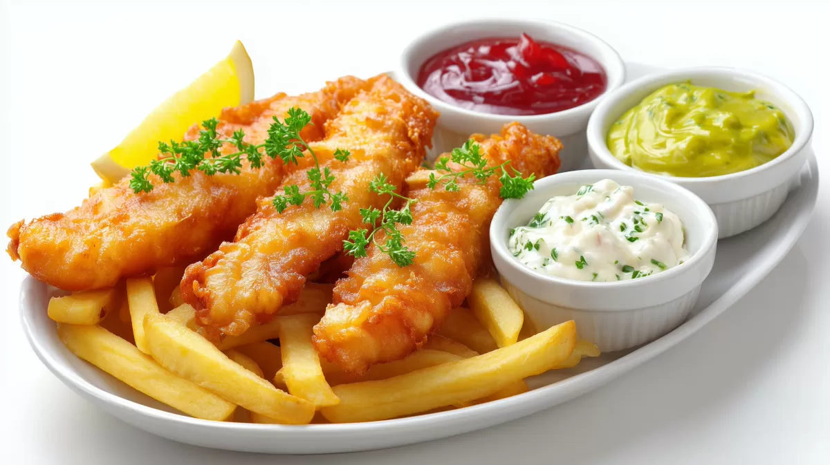 Köstliches Fischgericht mit Pommes und Dips