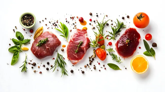 Köstliches Fleisch mit Gewürzen und Kräutern - Kulinarisches Stillleben
