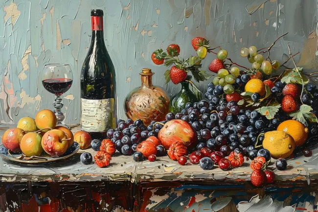 Köstliches Früchtestillleben mit Wein und Deko