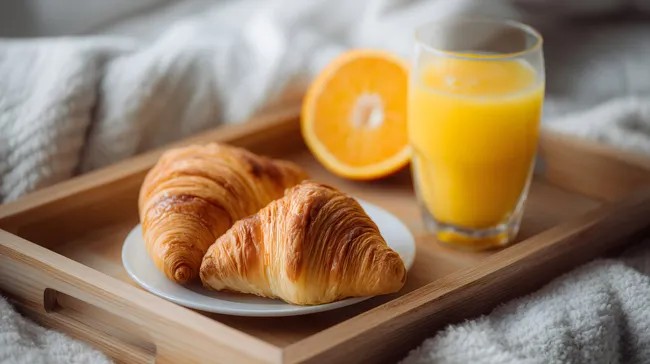 Köstliches Frühstück im Bett mit Croissants und Orangensaft
