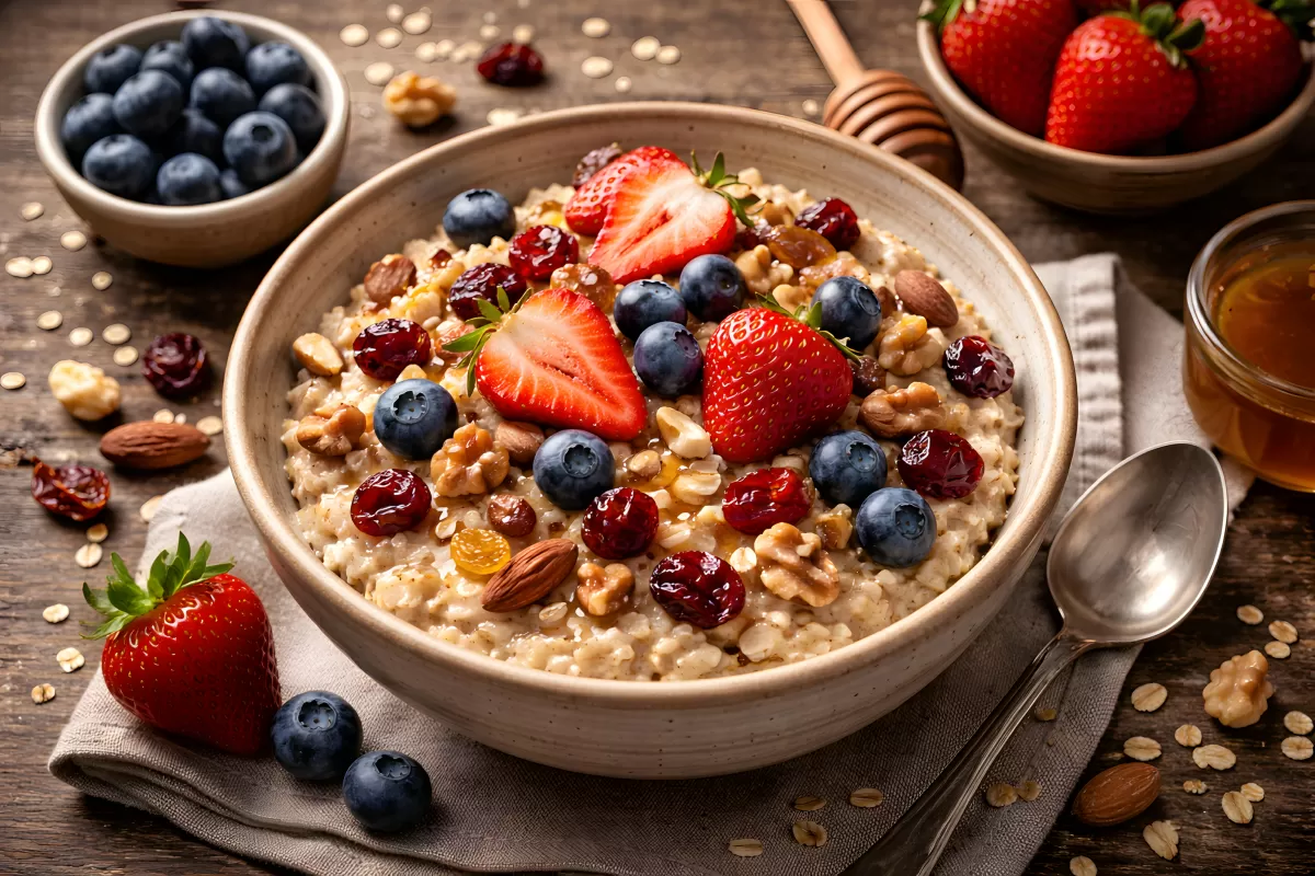 Köstliches Frühstück mit Beeren und Nüssen