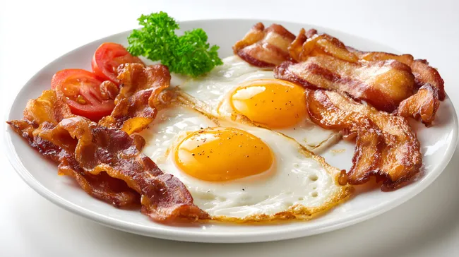 Köstliches Frühstück mit knusprigem Speck und Spiegeleiern