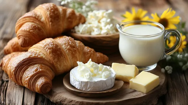 Köstliches Frühstücksbuffet mit Croissants, Käse und Milch