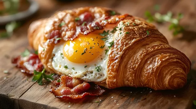 Köstliches Frühstückskreationen auf rustikalem Holzbrett