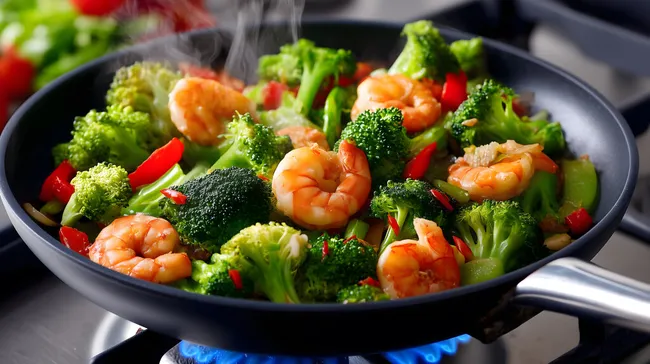 Köstliches Garnelen-Broccoli-Gericht auf dem Herd