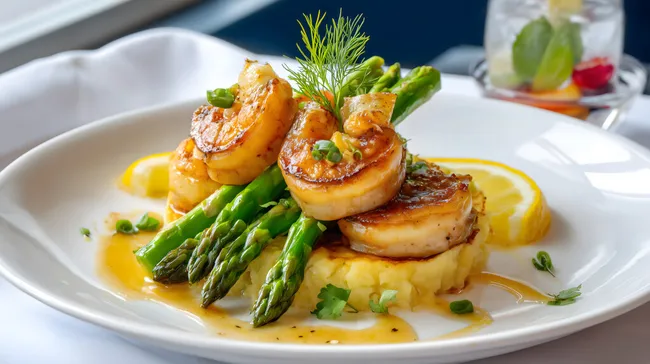Köstliches Garnelengericht mit grünem Spargel und Sauce