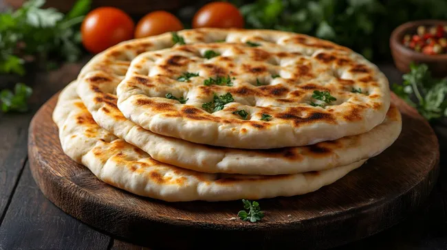 Köstliches gebackenes Fladenbrot auf rustikalem Holzbrett