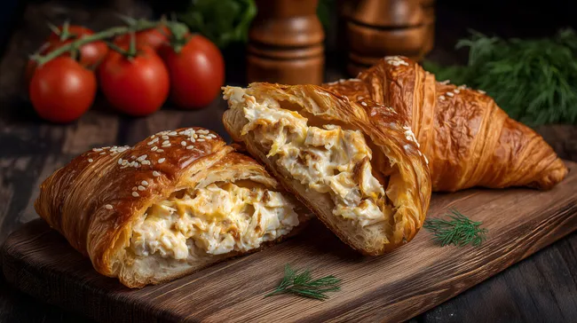 Köstliches, gefülltes Croissant auf rustikalem Holzbrett