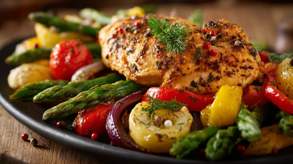 Köstliches gegrilltes Hähnchenfilet mit Ofengemüse