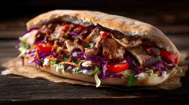 Köstliches, gegrilltes Pulled Pork Sandwich mit Gemüse