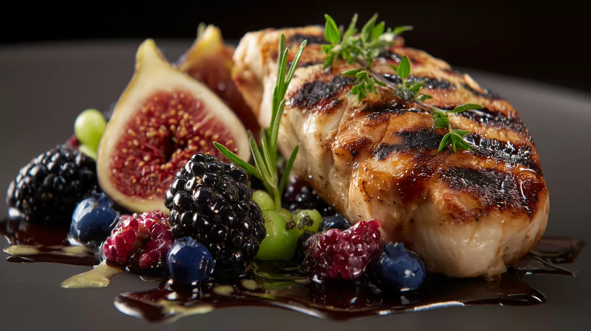 Köstliches Gericht mit gegrilltem Fleisch und Beeren