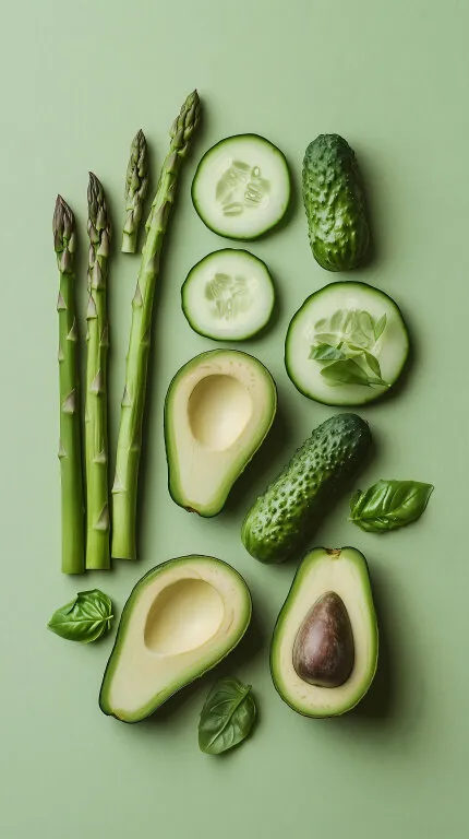 Köstliches grünes Gemüse-Stillleben mit Avocado und Gurke