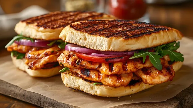 Köstliches Hähnchen-Panini mit knusprigem Brot und buntem Gemüse